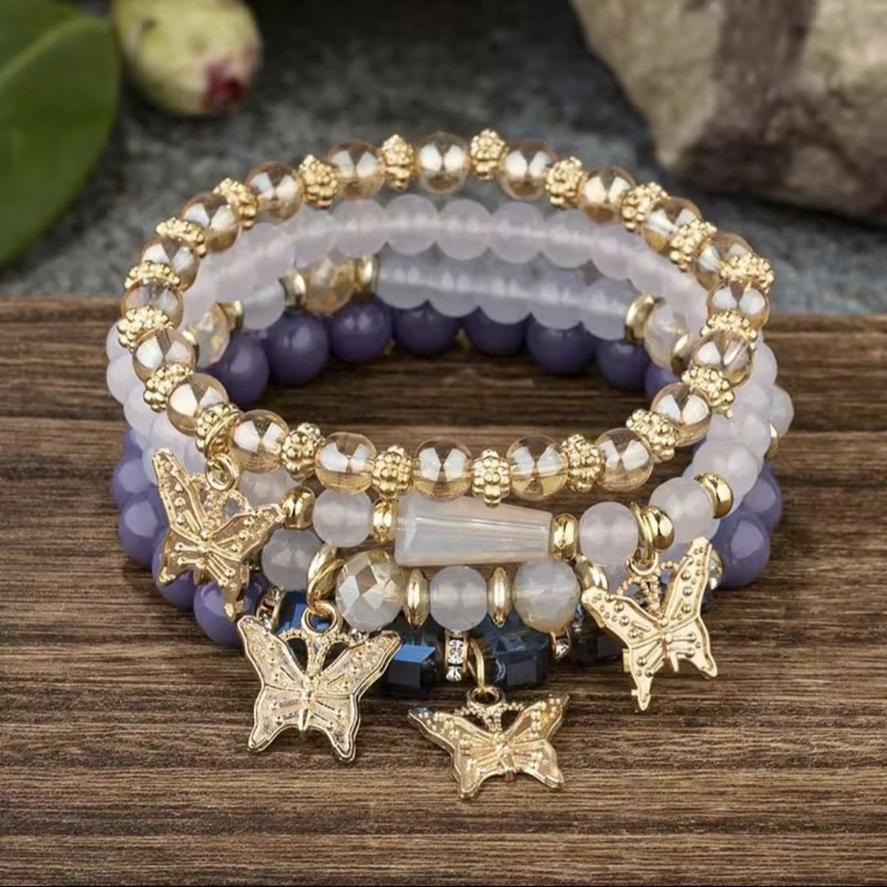 Gold & Lavender Beaded Butterfly Charm Bracelet Stack - Women Jewelry